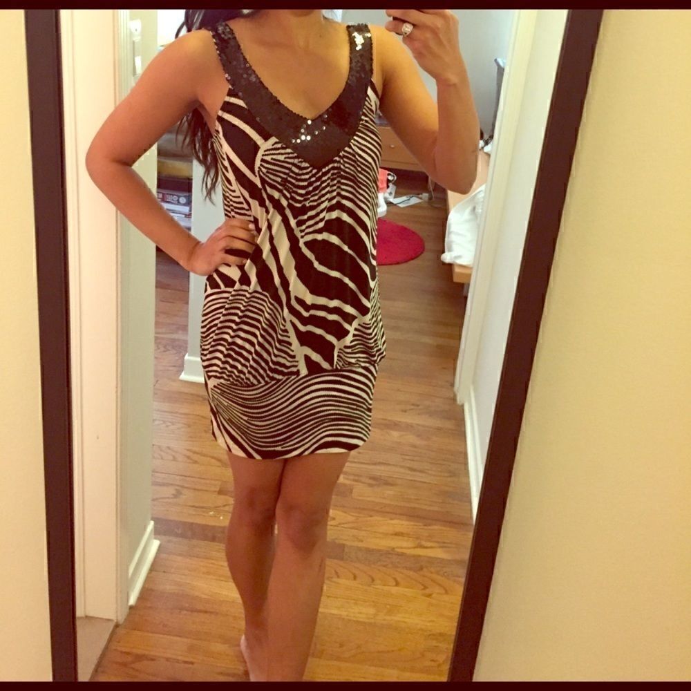 Zebra print tank club dress black sequin V-neck S